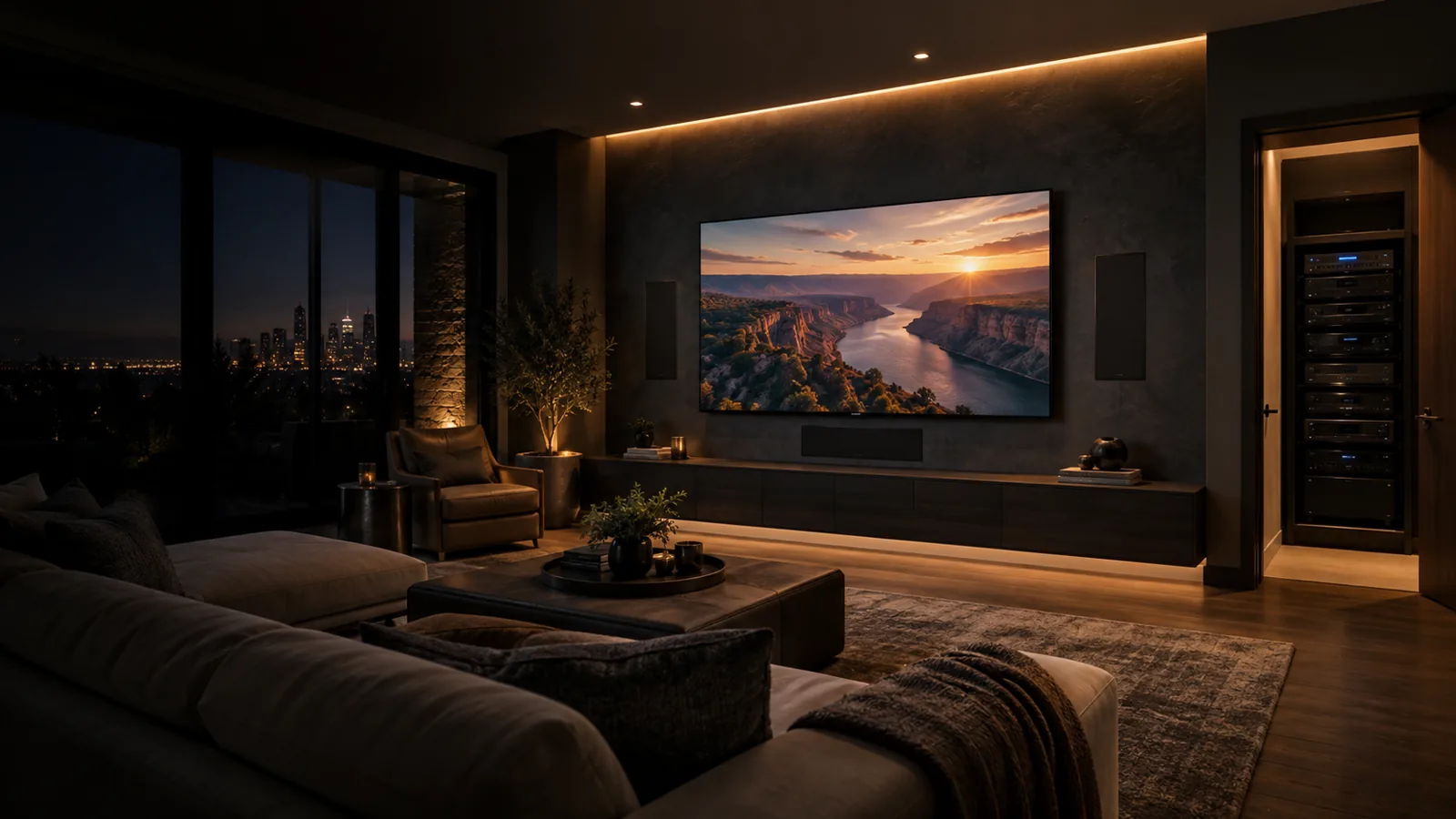 A cleanly installed television, architectural speakers, lighting, and organized equipment rack in a contemporary media room
